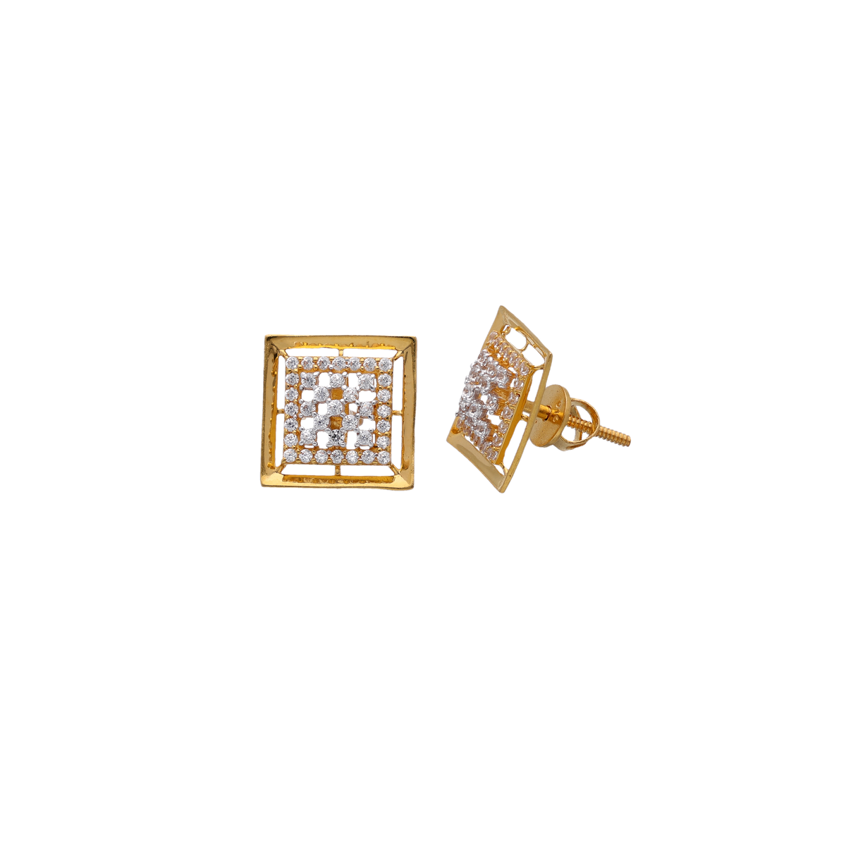 Square Gold Stud Earrings with White Stones