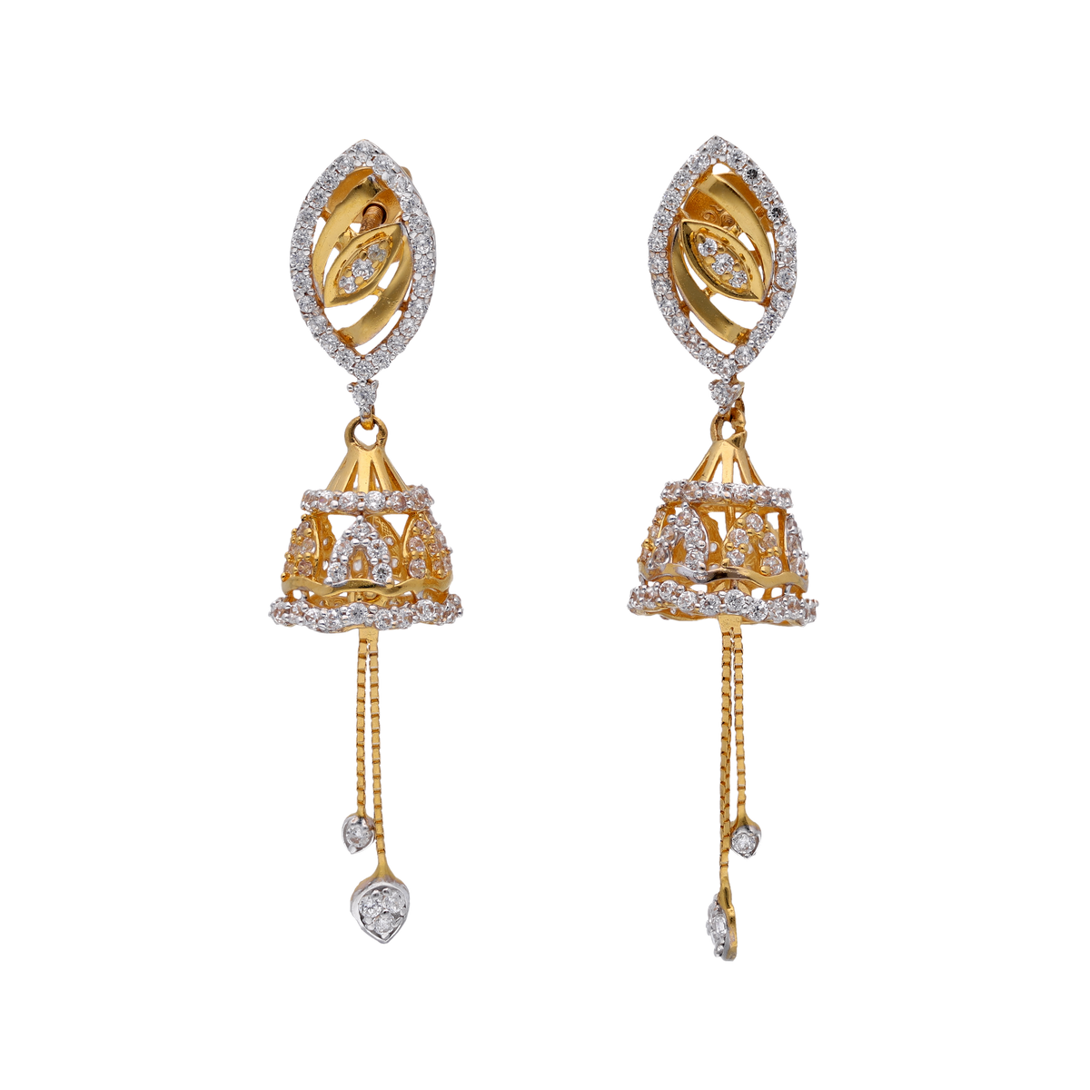 Two-Tone Jhumka Earrings with Stone Drops