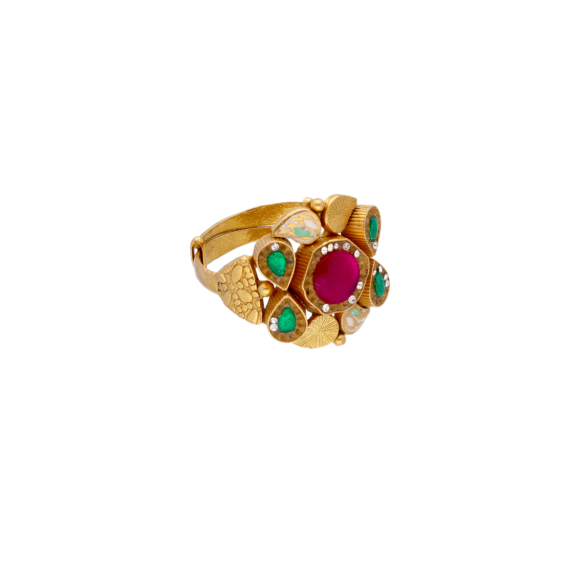 Floral Gold Ring with Red and Green Stones