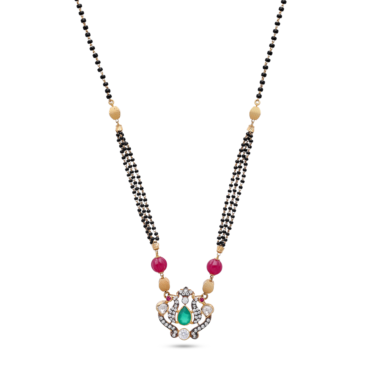 Black-Beaded Mangalsutra with Pink and Green Accents