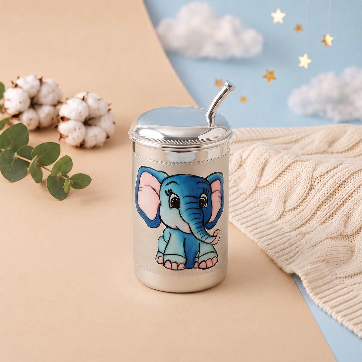 Blue Elephant Lidded Baby Cup with Straw