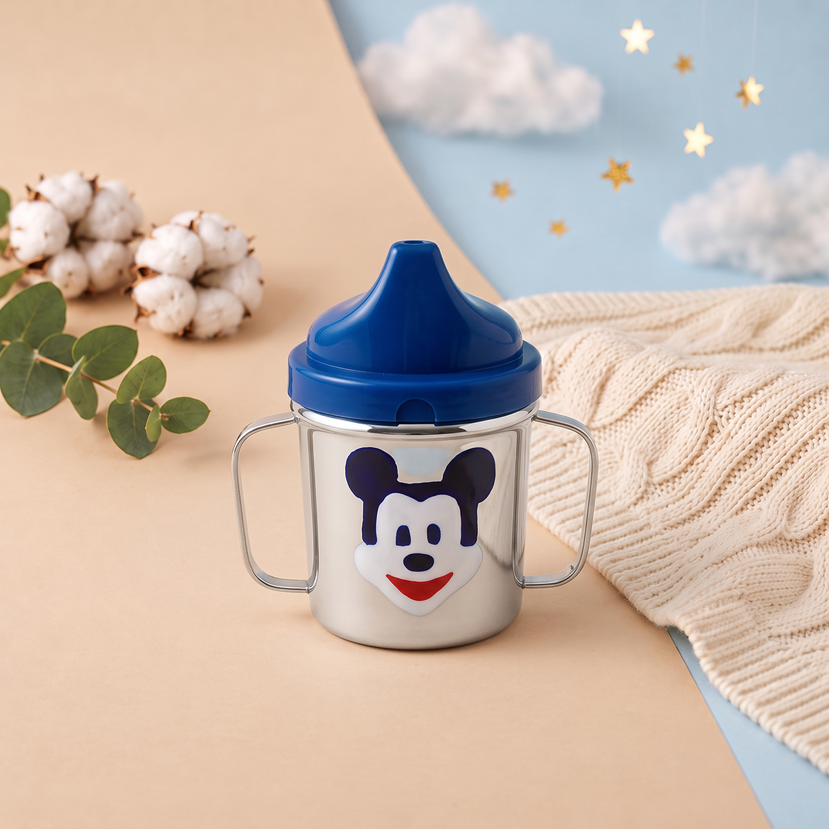 Blue Spout Double-Handle Cartoon Baby Cup