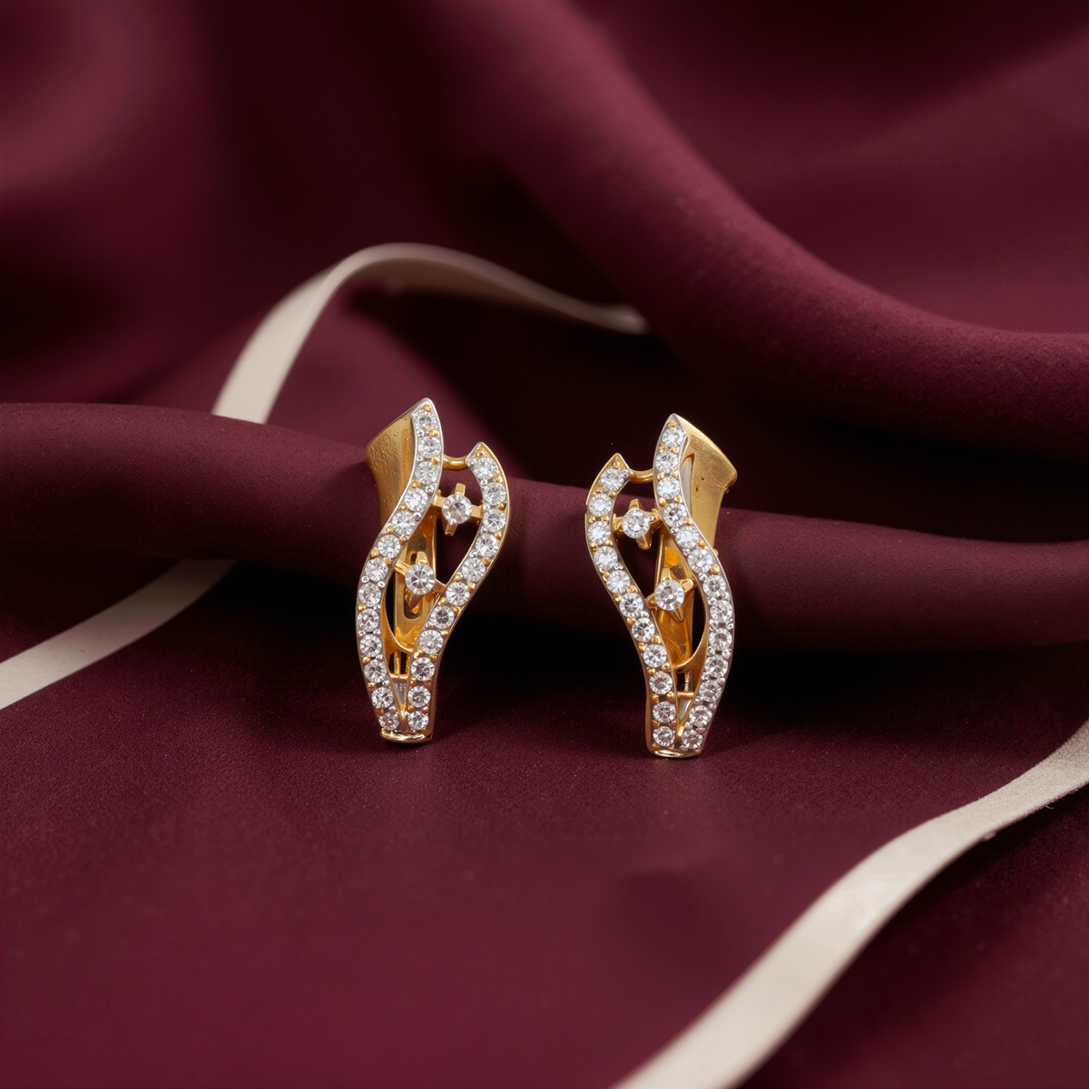 Curved Two-Tone Gold Bali with White Stones