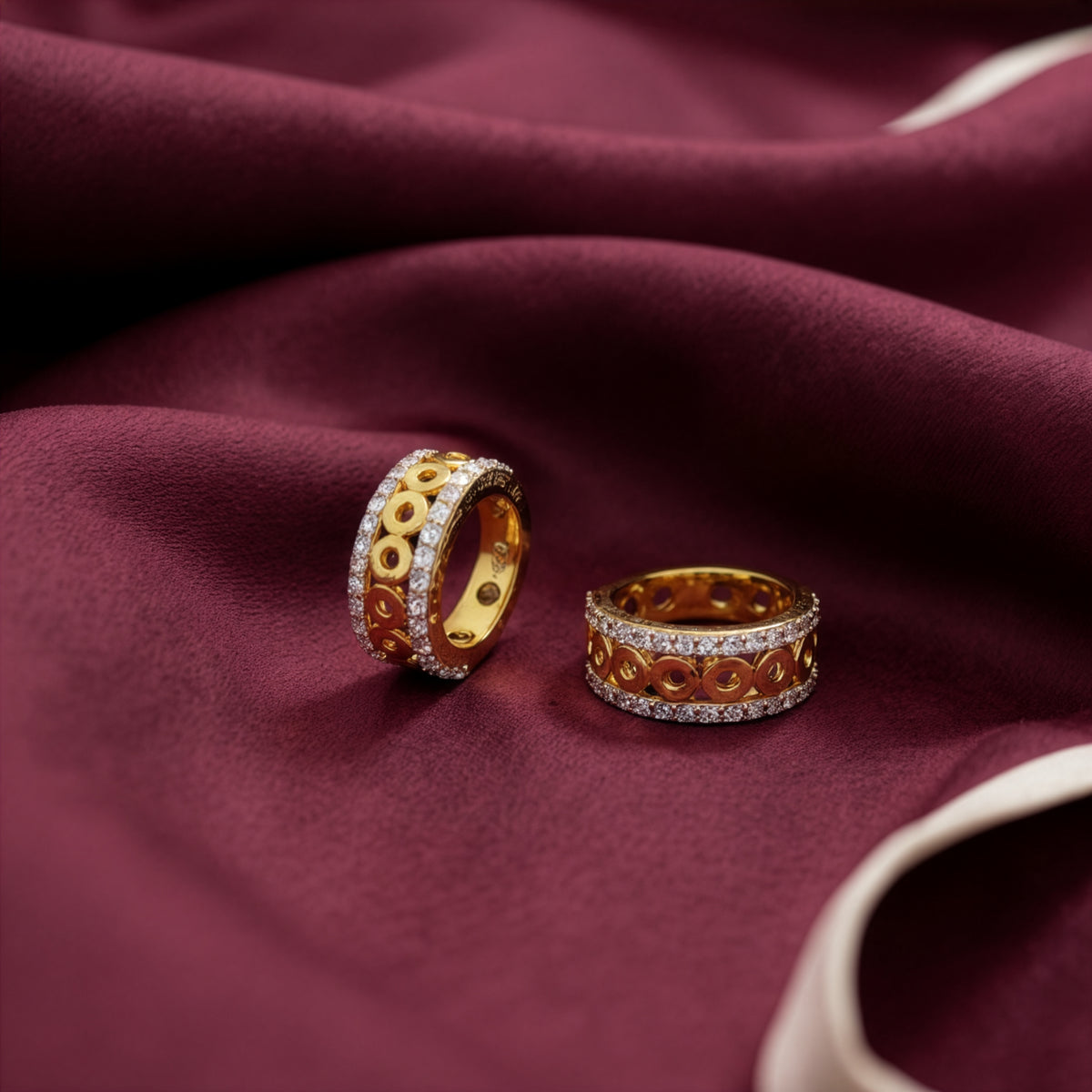 Gold Bali Hoops with Circular Stone Motifs