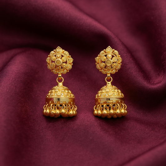 Traditional Gold Jhumka Earrings with Bead Drops