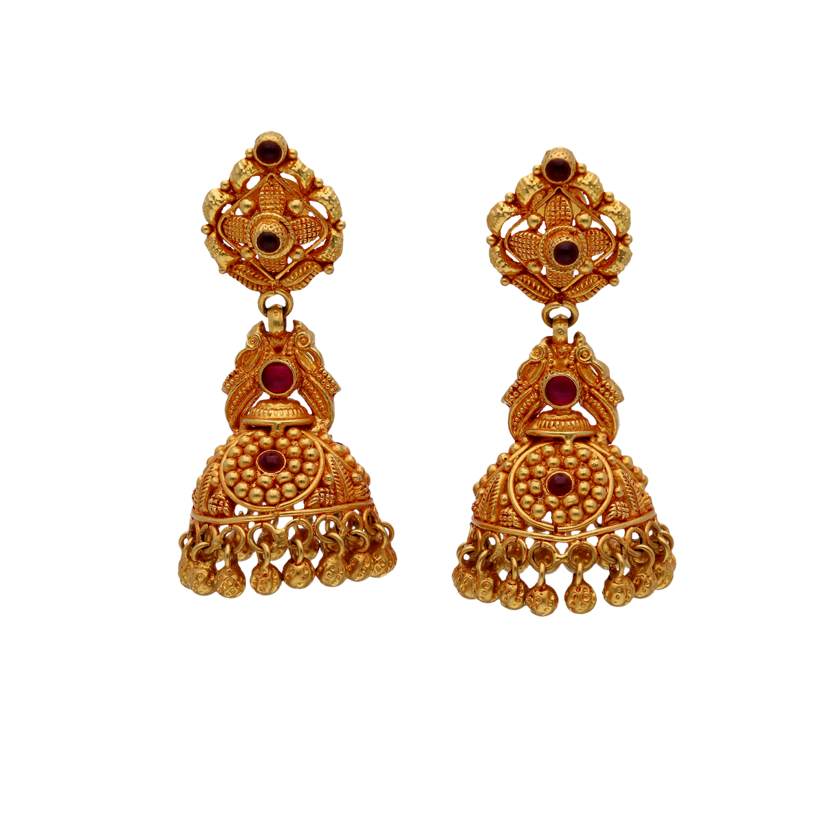 Antique Gold Jhumka Earrings with Red Stones
