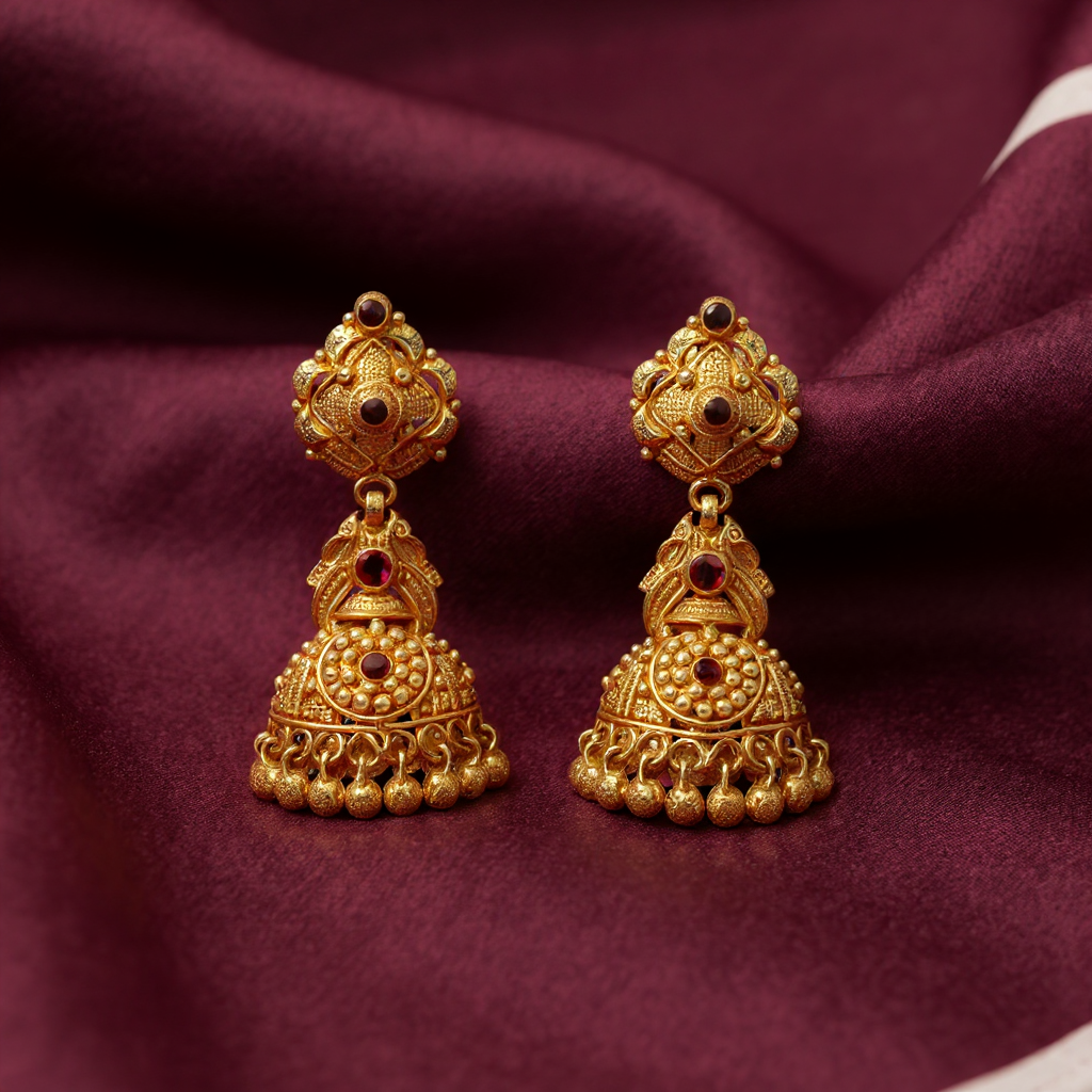 Antique Gold Jhumka Earrings with Red Stones