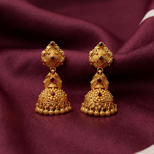 Antique Gold Jhumka Earrings with Red Stones