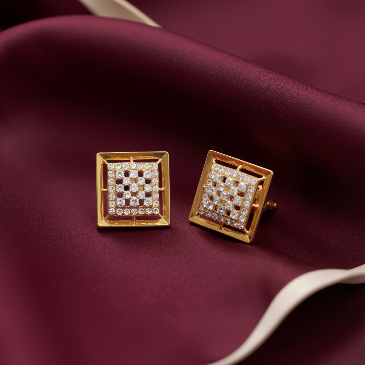 Square Gold Stud Earrings with White Stones