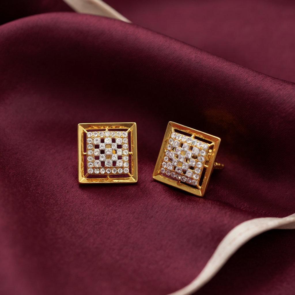 Square Gold Stud Earrings with White Stones