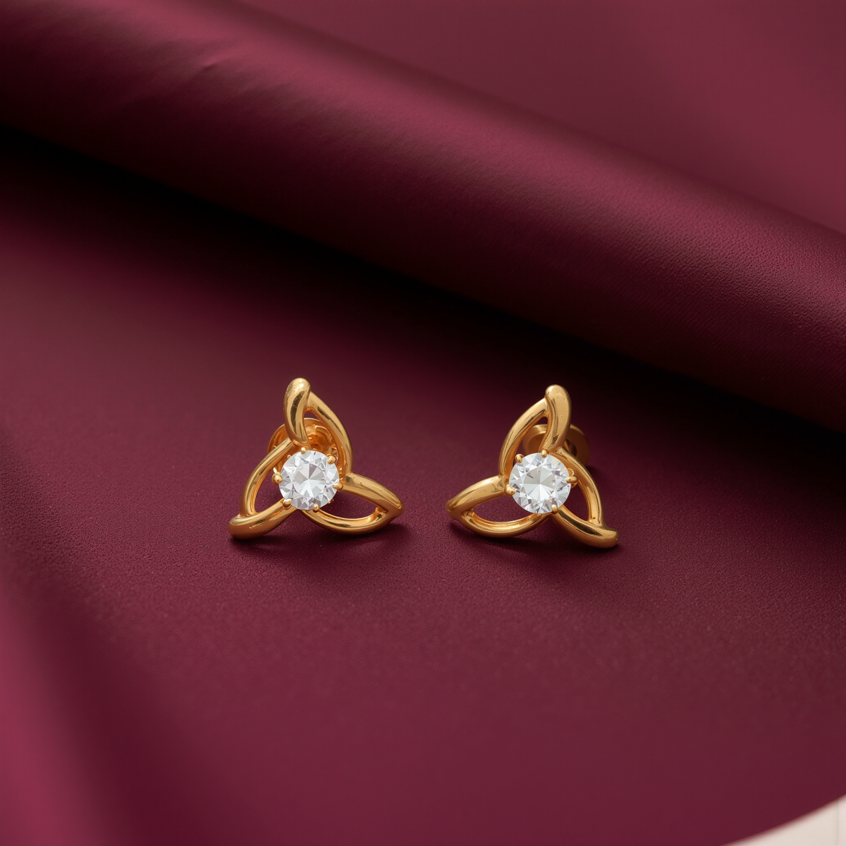 Three-Petal Gold Studs with White Stone Centre