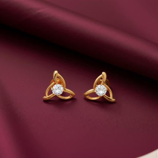 Three-Petal Gold Studs with White Stone Centre