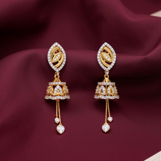 Two-Tone Jhumka Earrings with Stone Drops
