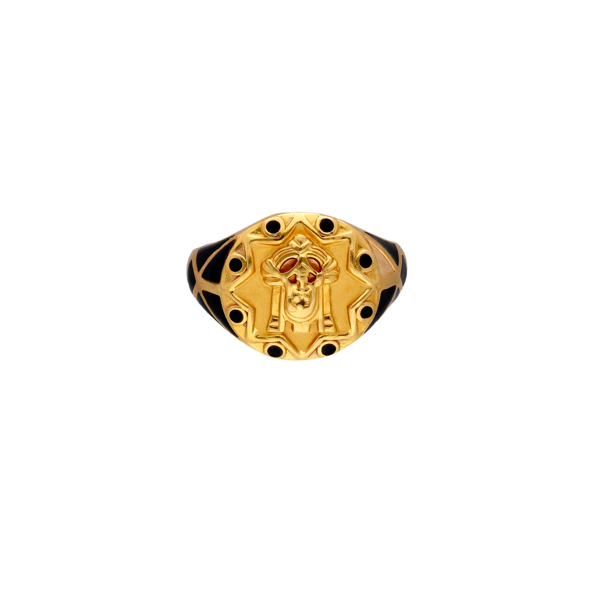 Openwork Gold Ring with Red Stone Accents