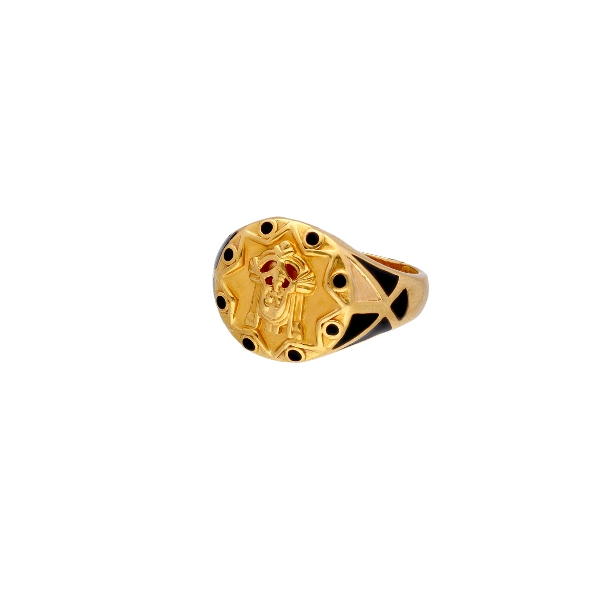 Openwork Gold Ring with Red Stone Accents