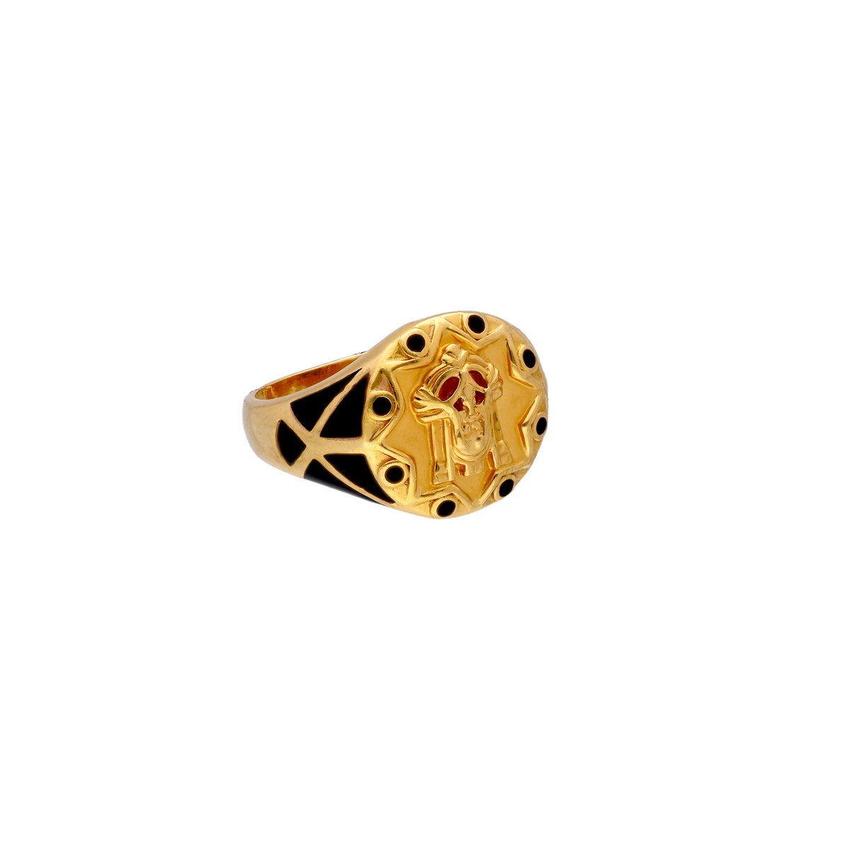 Openwork Gold Ring with Red Stone Accents