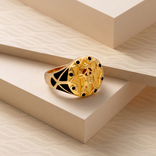 Openwork Gold Ring with Red Stone Accents