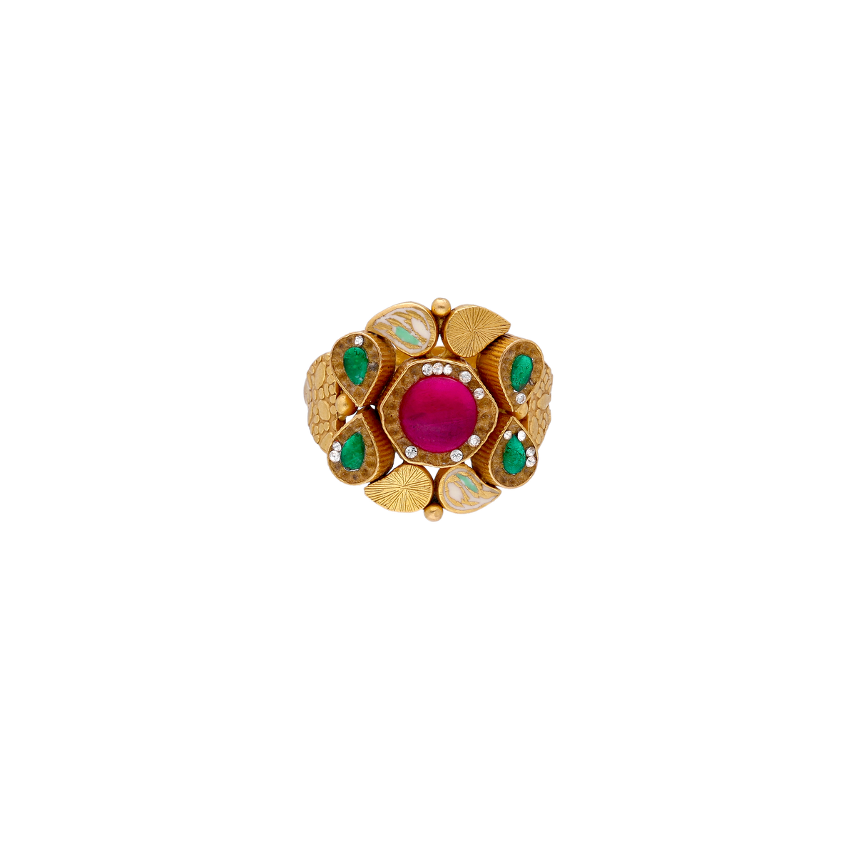 Floral Gold Ring with Red and Green Stones