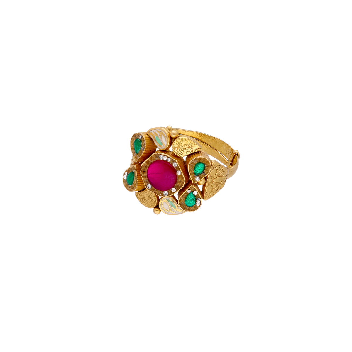 Floral Gold Ring with Red and Green Stones