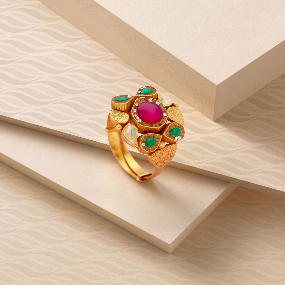 Floral Gold Ring with Red and Green Stones