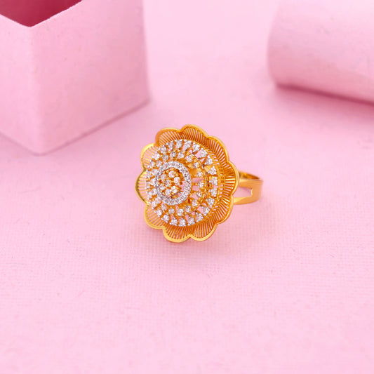 Large Floral Gold Ring with White Stone Rows