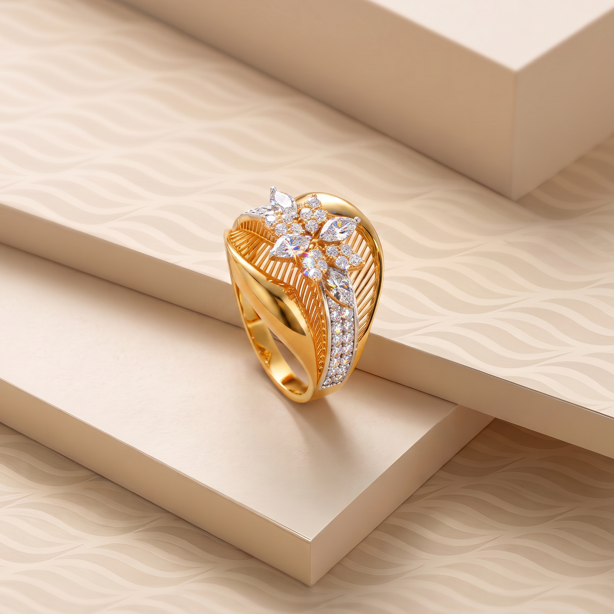 Leaf-Curve Gold Ring with White Stone Cluster