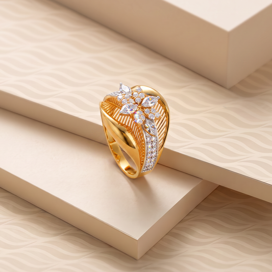 Leaf-Curve Gold Ring with White Stone Cluster