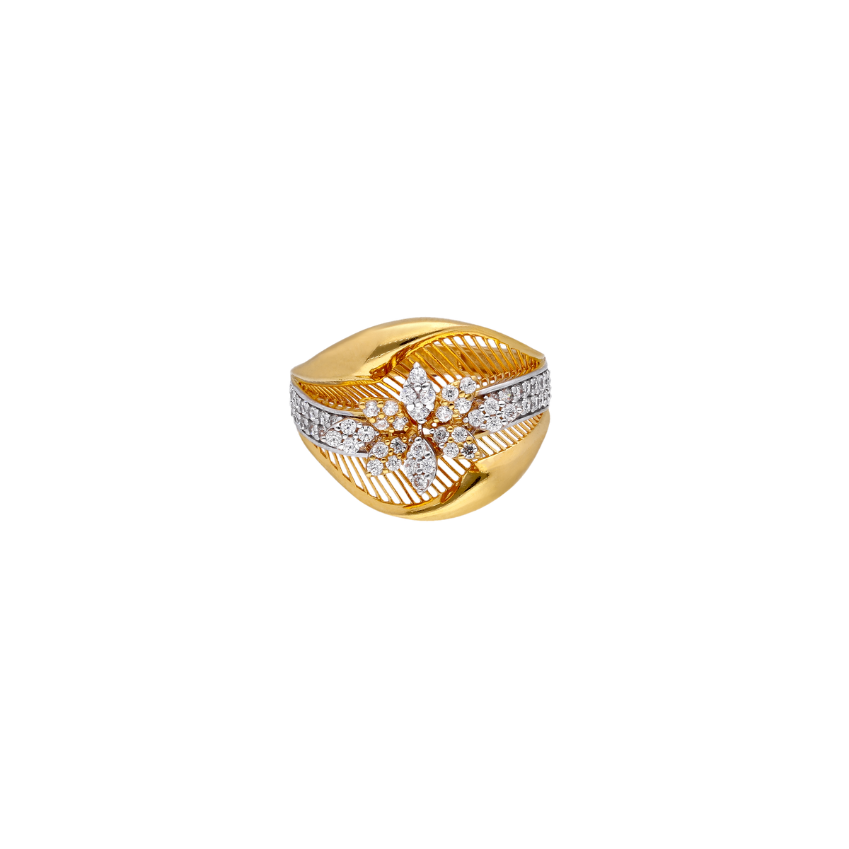Leaf-Curve Gold Ring with White Stone Cluster
