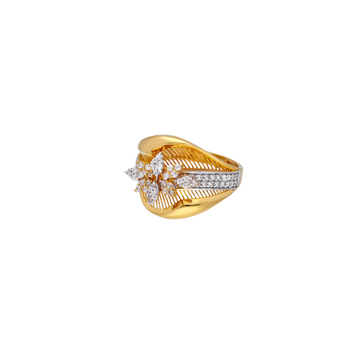Leaf-Curve Gold Ring with White Stone Cluster