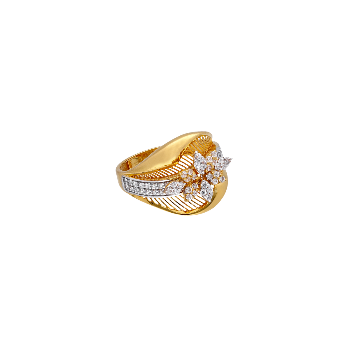 Leaf-Curve Gold Ring with White Stone Cluster