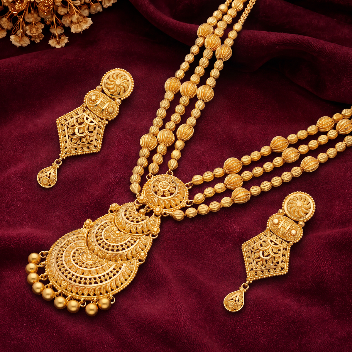 Multi-Strand Gold Necklace with Central Pendant