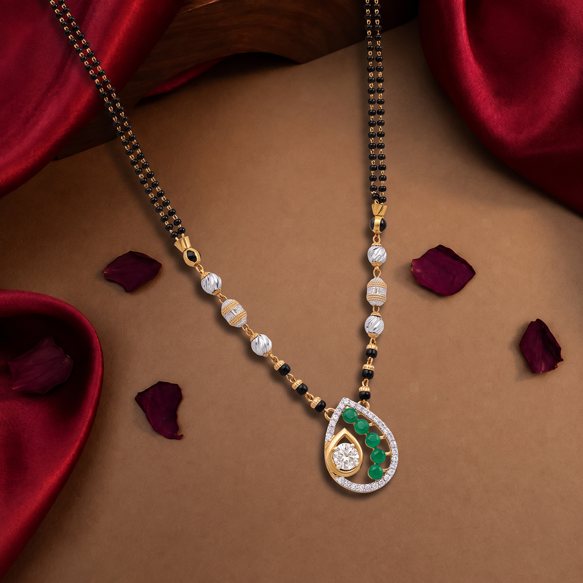 Black-Beaded Mangalsutra with Green Teardrop Pendant