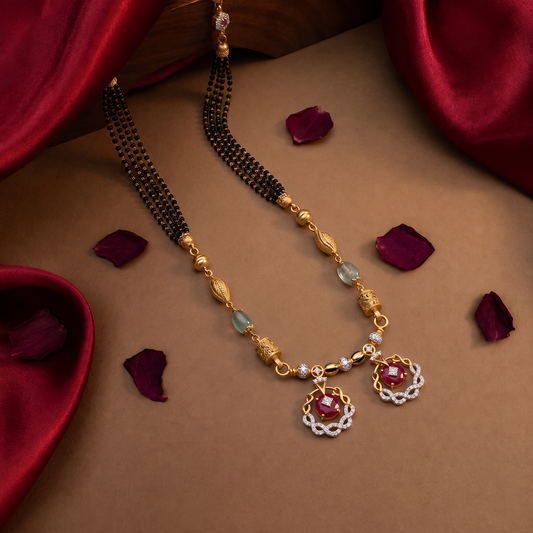 Mangalsutra with Twin Floral Red-Stone Pendants
