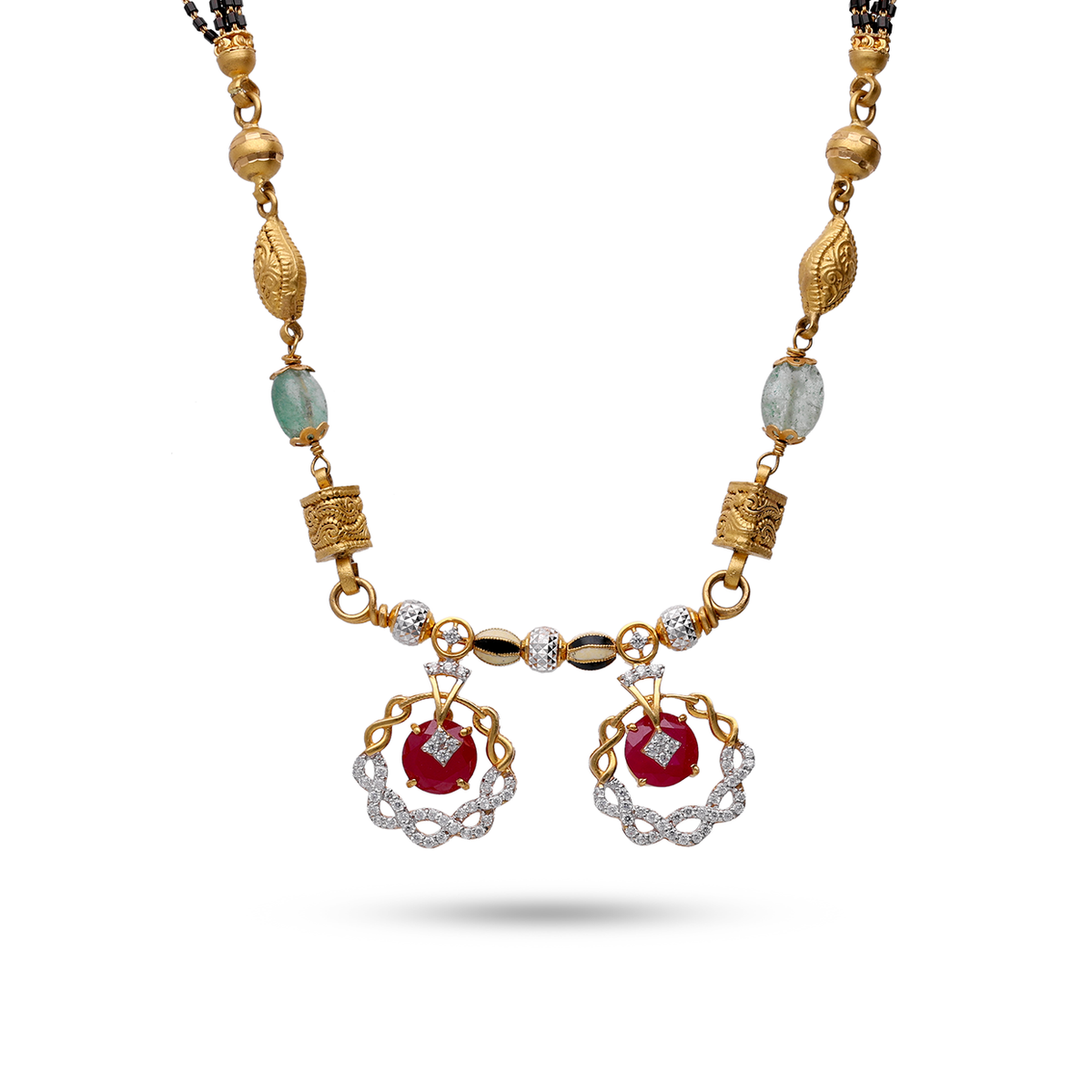 Mangalsutra with Twin Floral Red-Stone Pendants