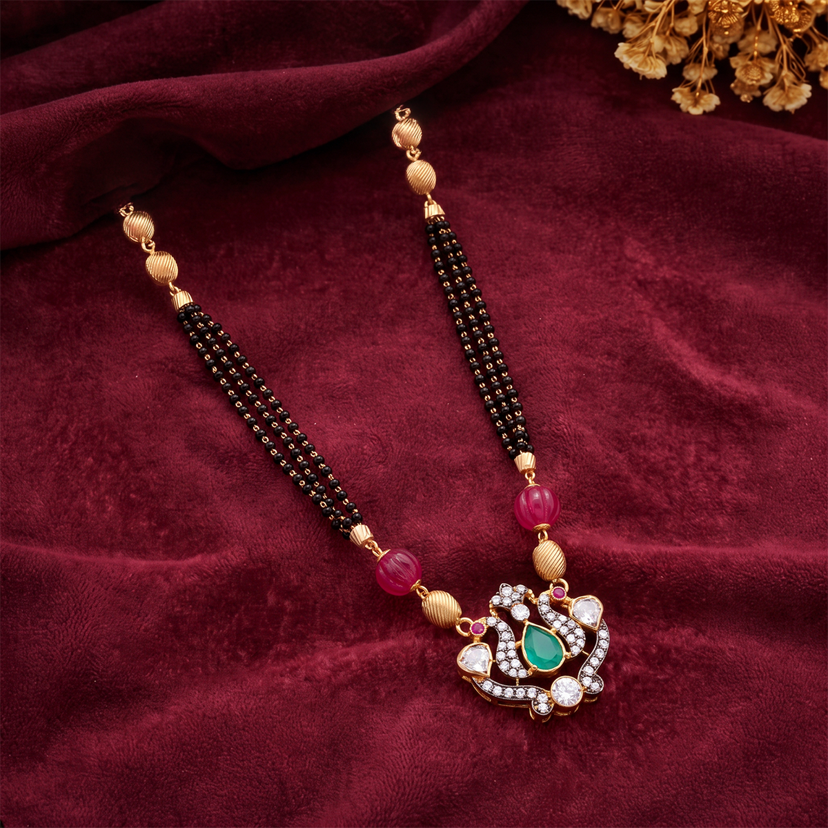 Black-Beaded Mangalsutra with Pink and Green Accents