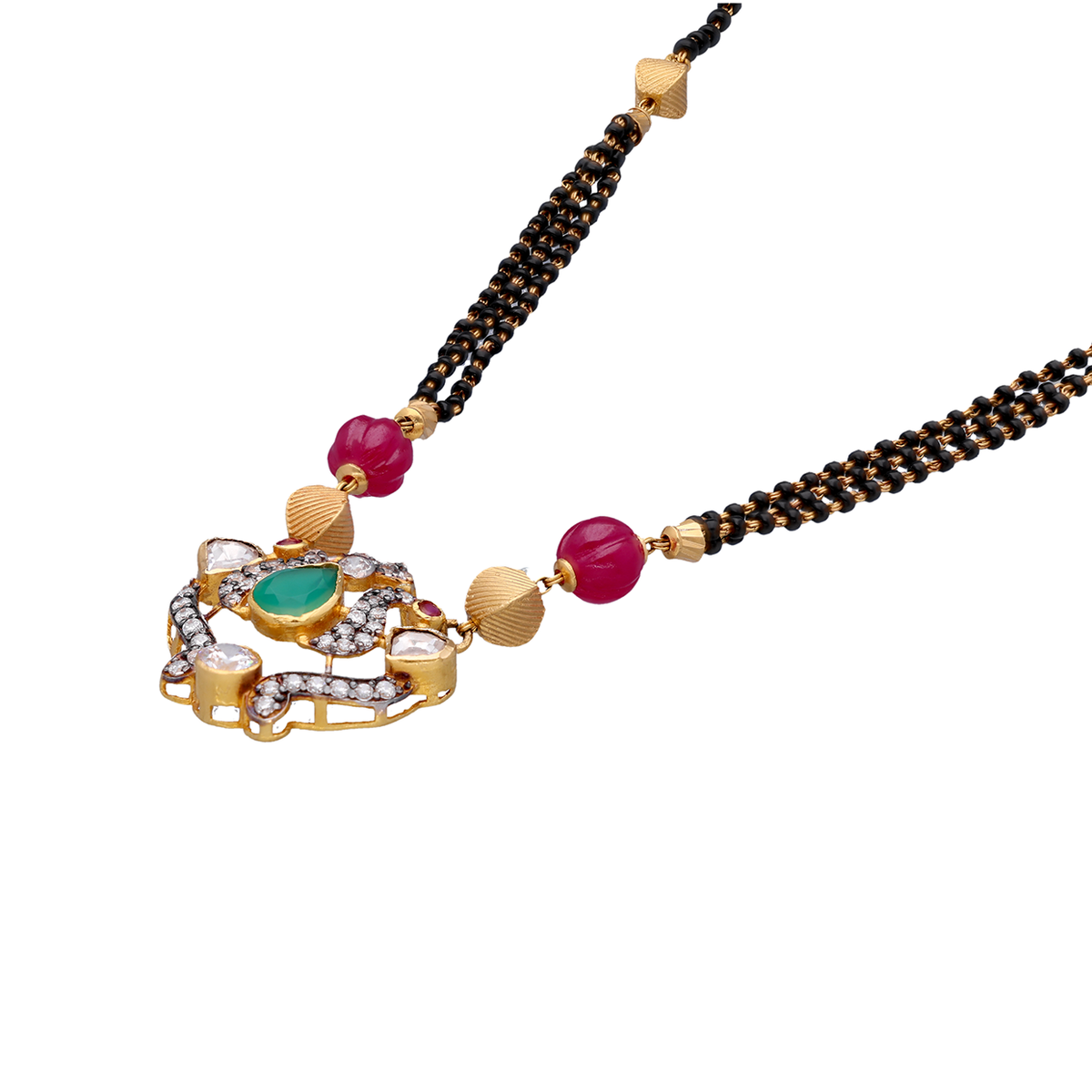 Black-Beaded Mangalsutra with Pink and Green Accents