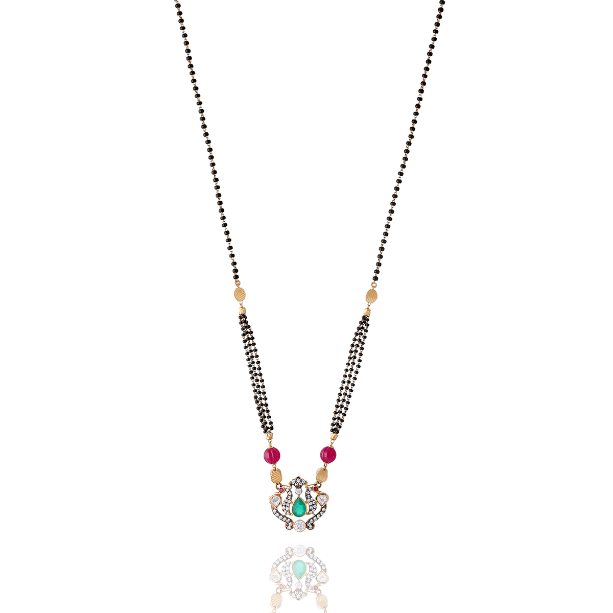 Black-Beaded Mangalsutra with Pink and Green Accents