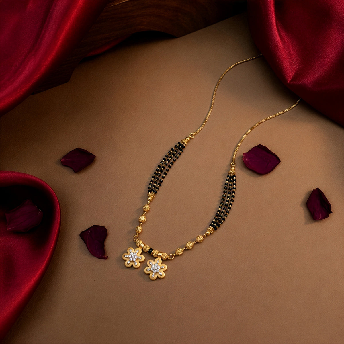 Black-Beaded Mangalsutra with Floral Centre