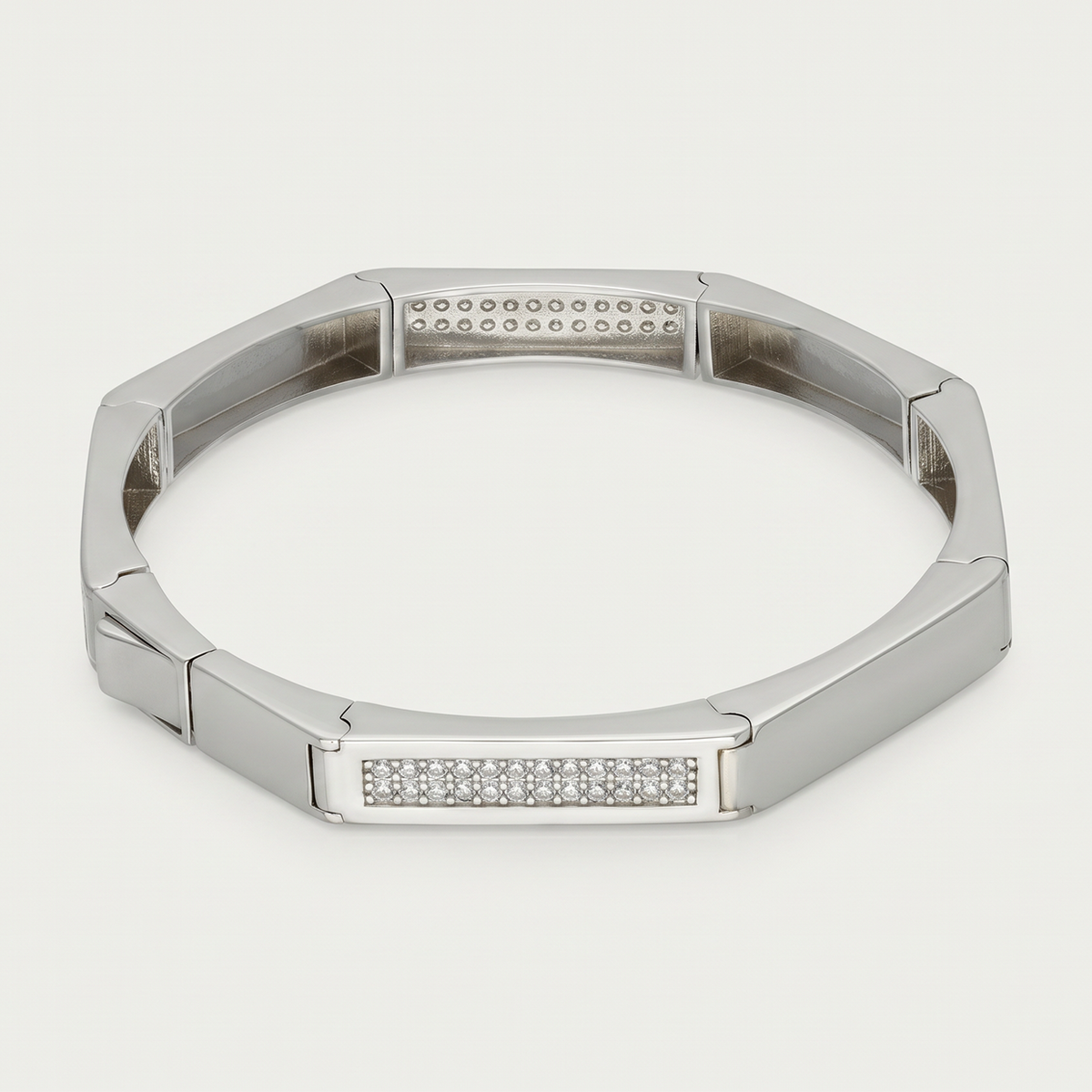 Faceted Link Sparkle Panel Silver-Tone Kada