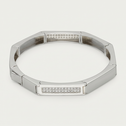 Faceted Link Sparkle Panel Silver-Tone Kada