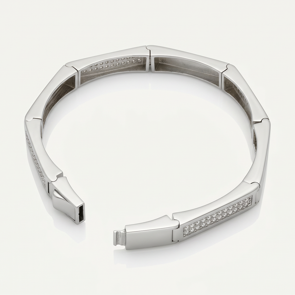 Faceted Link Sparkle Panel Silver-Tone Kada