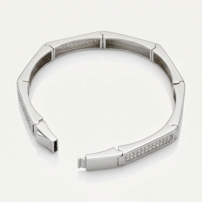 Faceted Link Sparkle Panel Silver-Tone Kada