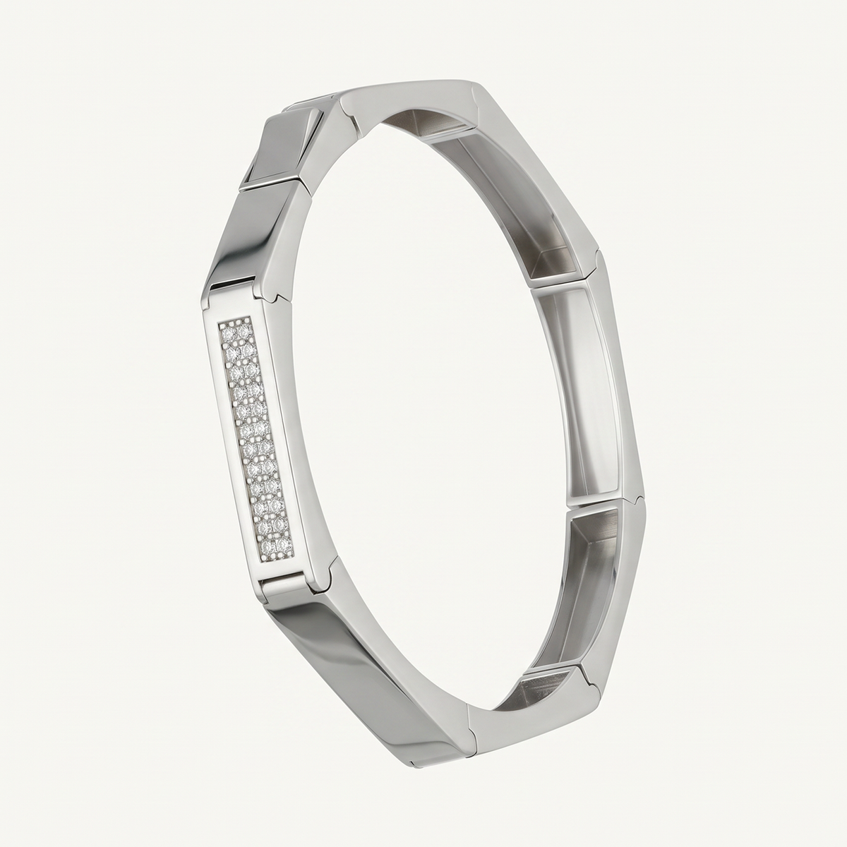 Faceted Link Sparkle Panel Silver-Tone Kada