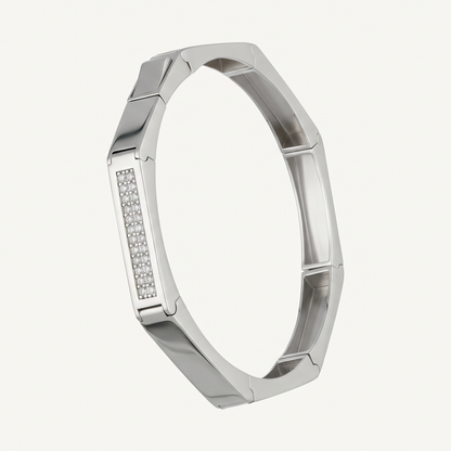 Faceted Link Sparkle Panel Silver-Tone Kada