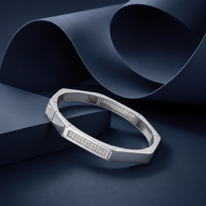 Faceted Link Sparkle Panel Silver-Tone Kada