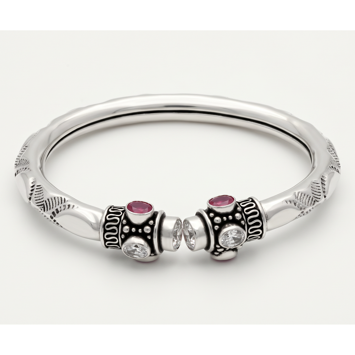 Ruby-Colour Accent Open Silver-Tone Kada