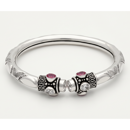Ruby-Colour Accent Open Silver-Tone Kada