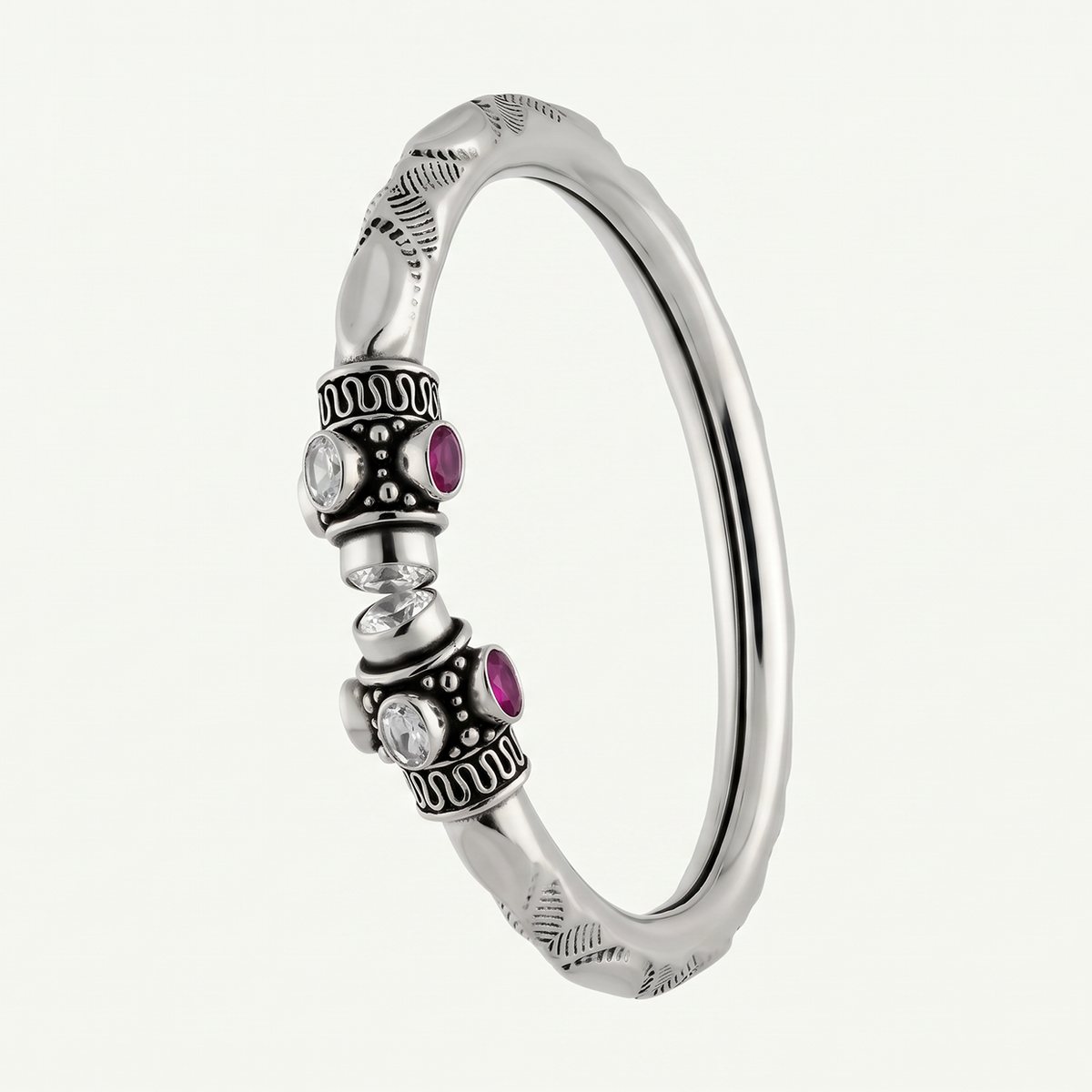 Ruby-Colour Accent Open Silver-Tone Kada