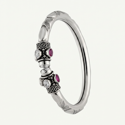 Ruby-Colour Accent Open Silver-Tone Kada