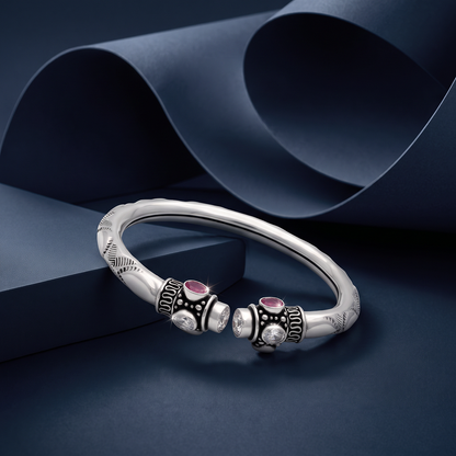 Ruby-Colour Accent Open Silver-Tone Kada